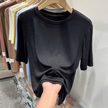 블라우스 골지 배색골지 전문 레터링 여름니트 줄무늬 노란 주황색 루즈한 라운드 여성 반팔 니트