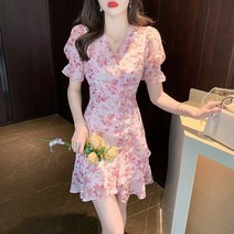 Dawner 플라워 시폰 슬림핏 피케 숏 원피스 여