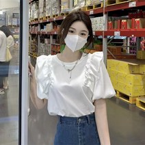 urkoteer 여성 반팔 라운드 화이트 퍼프소매 프릴 여름 분위기 yy-854