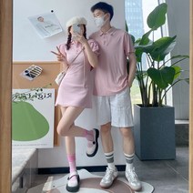 여름 남여커플 티셔츠 슬림핏 반팔 핑크 자수 퍼프 원피스