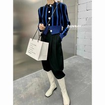 ZDD 봄가을 가디건 니트 라운드 세로 스트라이프 배색 슬림핏 숏상의 여성