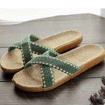 오키노피 크로스 라탄 왕골 린넨 마 슬리퍼 거실화 실내화 사무실화, 크로스_그린