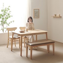 보니애가구 노블 고무나무 원목 4인 식탁세트 벤치형, 네츄럴, 쿠션벤치형(의자2 벤치1)