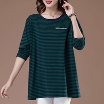 SJW 봄가을 순면 티셔츠 단가라 스트라이프 빅사이즈 긴팔 상의 풀오버 중년여성 엄마 L~5XL