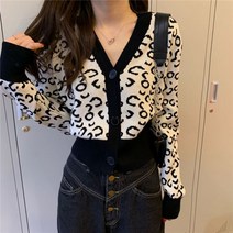 퐁순싸롱 호피 레오파드 핑크 배색 퍼프 숏 니트 가디건 YJ