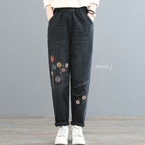 중년여성옷 컬러 줄기꽃 자수 기모 스판 배기 청바지 50대 엄마옷 마담 빅사이즈