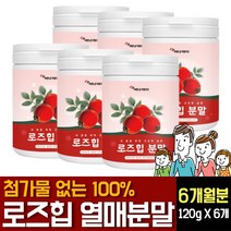 로즈힙 분말 가루 파우더 첨가물없는 100% 퓨레 플라보노이드 폴리페놀 루비잔틴 티리로시드 필로퀴논 효능 면역력 강화 효과 영양제 야생 들장미 열매 주스 쥬스 복용법 먹는법 추천, 120g 6개