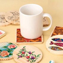 민화 나무 컵받침 3개 1세트 코스터 원목 우드아트 어린이만들기 MDF 우드꾸미기 색칠하기 만들기키트 원목장식, 민화 나무 컵받침(3개1세트)_꽃(1)