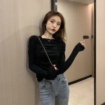 주름셔츠 숏맨투맨 여성 차오쿠 디자인감각 보이핏 볼륨 레쉬 상의 슬림핏 긴 소매 초 가을 2424542656, S 블랙