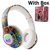 낙서 헤드폰 블루투스 5.1 dj 이어폰 무선 게이머 with mic rgb led light for kids pc 게이머 헤드셋 지원 tf 카드, 흰색 상자, 흰색 상자