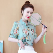 블라우스 여 빈티지 항풍 디자인 센스 소중 쉬폰 프렌치 셔츠 꽃무늬 아우터 코디 반팔 트렌드