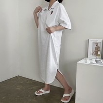 [비비애르] 반팔 곰돌이 자수 카라 피케이 롱 원피스 pk 오픈카라 캐주얼 테디베어 여름 러블리코디