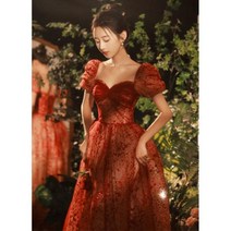 파티 이브닝 드레스 시상식 공연 연주 무대 의상 퍼프 소매 쉬폰 롱 벨라인 5288083965, 자홍색/3Xl