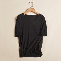 뽕나무 실크 v 넥 짧은 소매 스웨터 느슨한 캐시미어 혼합 스트레이트 슬리브 하프 패션 니트 티셔츠 여성, 02 Black_01 L