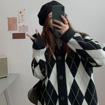 제이제이헤라 여성용 루즈핏 아가일 브이넥 니트 가디건 g011