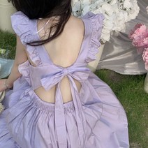 안나리야 보라색 등파인 백리본 민소매 레이어드 프릴 원피스 YJ