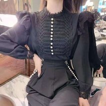 패션 느슨한 꽃 빈티지 셔츠 프랑스어 구슬 스티치 프릴 블라우스 레이스 스탠드 칼라 가을 긴 소매 탑 16617