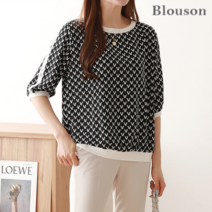 블루종 라운드넥 배색띠 패턴 블라우스_B2303BL066A