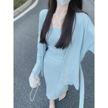 여성 가을 나시 가디건 스커트 블루 니트 세트 셀럽 쓰리피스