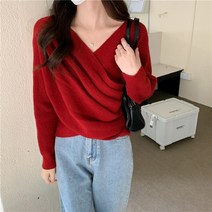 넷투넷코리아 여성 긴팔 티셔츠 브이넥 셔링 랩 크롭 니트 스웨터