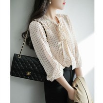 긴소매 프렌치 가볍게 사치한 도트 실크 리본 여성 봄 여름 플라워 프린팅 쉬폰 와이셔츠 트렌드 3315576975