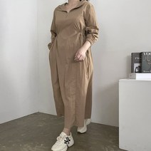 [비비애르] 후드 반집업 허리 스트링 바스락 롱 원피스 심플 아노락 여성스런 스포티원피스