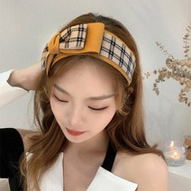 체크패턴의 더블리본 모직 핸드메이드 와이드헤어밴드 2컬러 넓은 반다나스타일 연예인머리띠