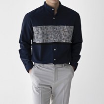 M~3XL 남성 빅사이즈 배색 헨리넥 셔츠 봄 가을 긴팔 남방