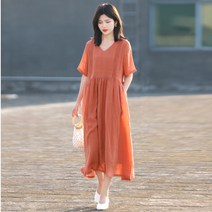 Samuhanbin 여자 여름 반팔 원피스 쉬폰 원피스 롱스커트