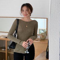 여자 슬렌더니트 보트넥 크림 미색 가을 티셔츠