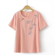 빅사이즈 셔츠 4XL 여름 플러스 사이즈 티셔츠 여성 대나무 잎 자수 o넥 스타일 버튼 워싱 코튼 탑스 커브 의류
