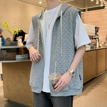 빅사이즈 남성 와플 후드 베스트 캐주얼 민소매 후드집업 자켓 캠핑운동 베스트