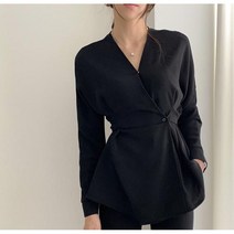 여성 심플 브이넥 슬리브 블라우스 허리리본 2컬러 사계절 프리사이즈