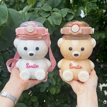 Becond 곰돌이 원터치 어린이 물병 유치원 어린이집 초등학생 물통 (크로스끈x), 브라운