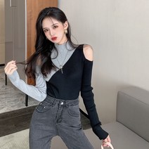 긴팔 이너셔츠 오픈숄더니트 여성 겨울 가을 숏 슬림 긴소매 상의 이너웨어 블러킹 반 폴라넥 1413656243