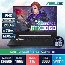 ASUS TUF Dash F15 FX517ZM-HN118 인텔 12세대 i7-12650H RTX3060 윈도우11, WIN11 Pro, 오프 블랙, 16GB, 1TB, 코어i7, FX517ZE