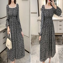 레이스 스퀘어넥 플라워 롱 블랙 원피스 봄 여름 잔꽃 꽃무늬 플레어 스커트 치마 A라인 고급진 여자 룩 루즈 핏 가을 겨울 사계절 레이어드 긴팔 여성 오버 편한 우아한 정장 캐주얼