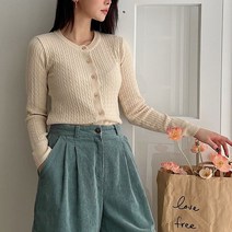 뜨개진 여성용 캔서드 꽈배기 라운드 가디건