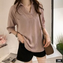가바바 여성 블라우스 센스 스트라이프 브이넥 반소매 린넨 블라우스 G49339