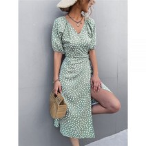 캐주얼 여성 쉬폰 드레스 V 넥 사이드 랩 미디 드레스 여름 폴카 도트 드레스 여성 퍼프 슬리브 Boho 패션 a 라인 분할 드레스