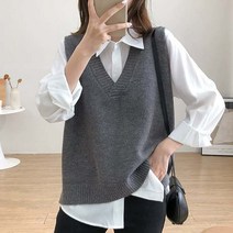 [오버나인] 여성 언발 브이넥 루즈핏 조끼 니트 롱 베스트