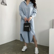 [비비애르] 카라 셔츠 데님 원피스 봄 청 셔츠 벨트 트임원피스