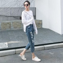 데미지 찢청 빈티지 슬림 여성 진 데님 청바지 일자 핏 스키니 쫀쫀 구제 편한 레귤러 스판 패션 9부 유행