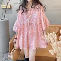 스타일아유 여성 여름 귀여운 린넨 플라워 꽃무늬 A라인 버튼 7부 블라우스