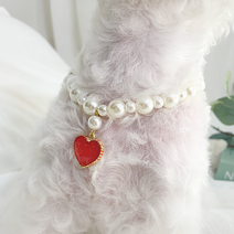 [무료각인이벤트/당일배송]데댕 강아지 고양이 수제 인식표 진주목걸이, 레드