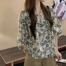 가드닝플라워블라우스 그린 꽃무늬 패턴 화려한 7부소매 반팔 여름 데일리 캐주얼 티셔츠