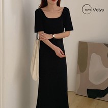 0 velys 여성용 블랙 스퀘어넥 반팔 롱 원피스 CSO1093