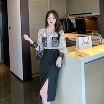리얼 최신 봄 패션 감령 세트 여 레이스 패치 긴팔 플라워 셔츠 언밸런스 스커트 투피스
