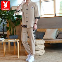 Playboy 여름 면화와 린넨 정장 남자 중국 스타일의 한 벌 당나라 반소매 양복 두 피스 슈트 국가 패션