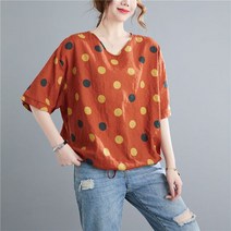 2컬러 오버핏 도트 티셔츠 v넥 반팔티 여름 면 마 블라우스 여성SFW0307009